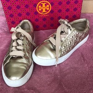 Tory Burch Gold leather sneakers with ribbon laces